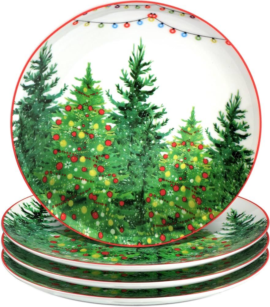 Uiifan 4 PCS Christmas Trees Ceramic Salad Plates Green Dinner Plate Xmas Tree Decoration Porcela... | Amazon (US)