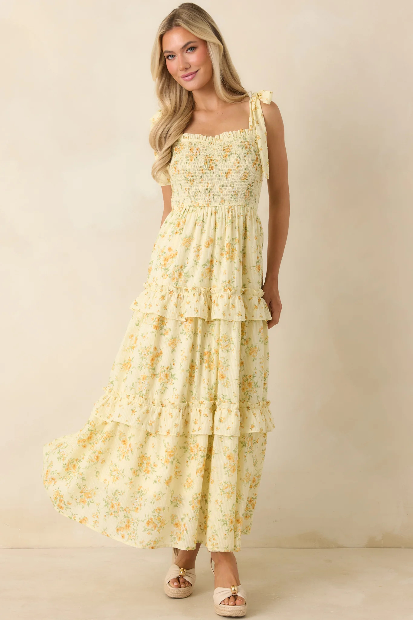 Afternoon Like This Butter Yellow Floral Ruffle Tiered Cotton Midi Dress | Red Dress