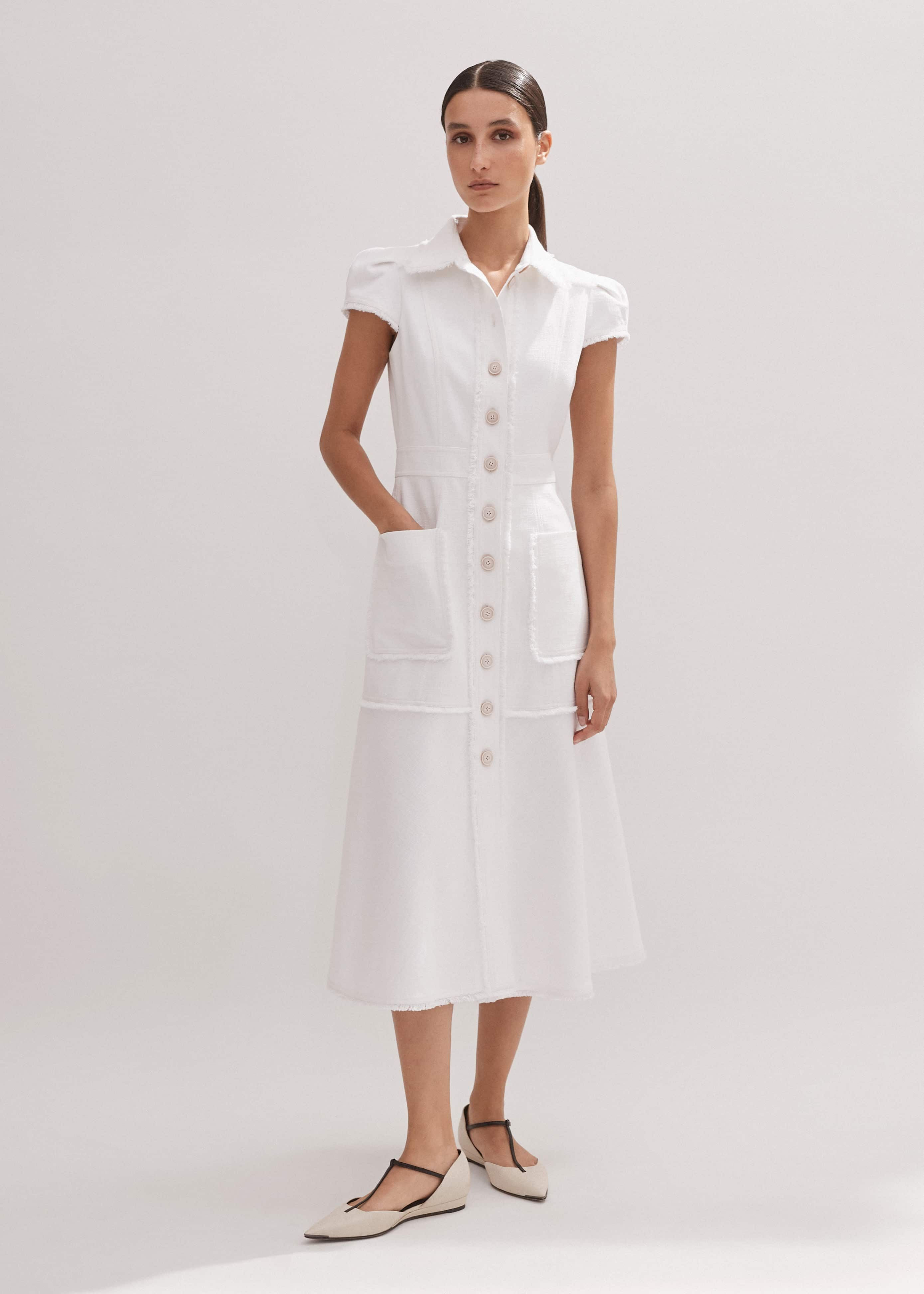 Women's Cream Cotton-Blend Fringed Midi Dress | ME+EM | ME+EM US