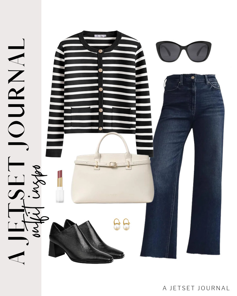 This black-and-white ANRABESS button-down cropped cardigan paired with KUNMI jeans goes well with chunky-heel loafers. To style it, use this BOSTANTEN satchel bag and these pearl drop dangle earrings. 

 #LTKSeasonal #LTKSaleAlert #LTKTravel