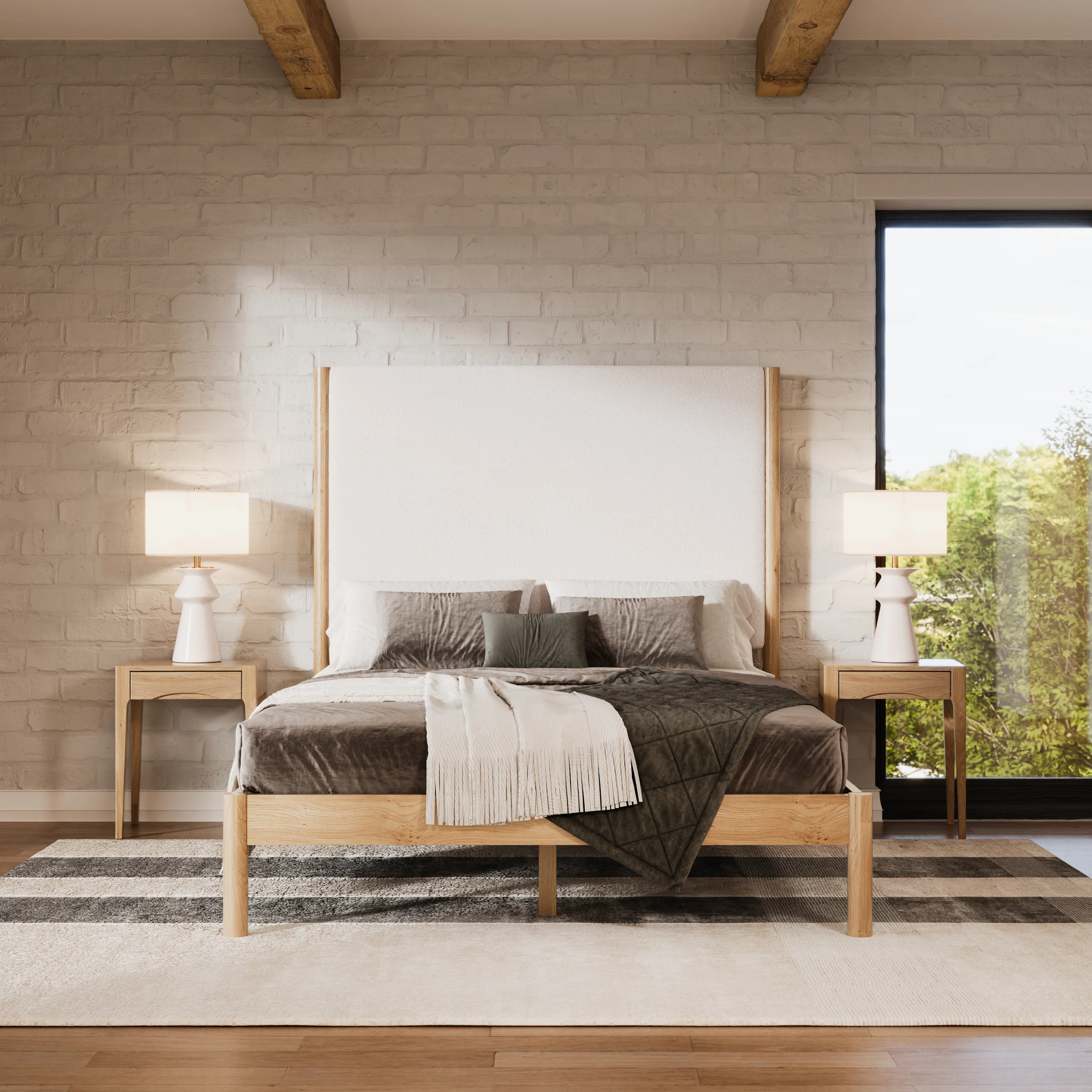 Ardin Queen Tall Boucle Headboard Solid Wood Bed | Wayfair North America