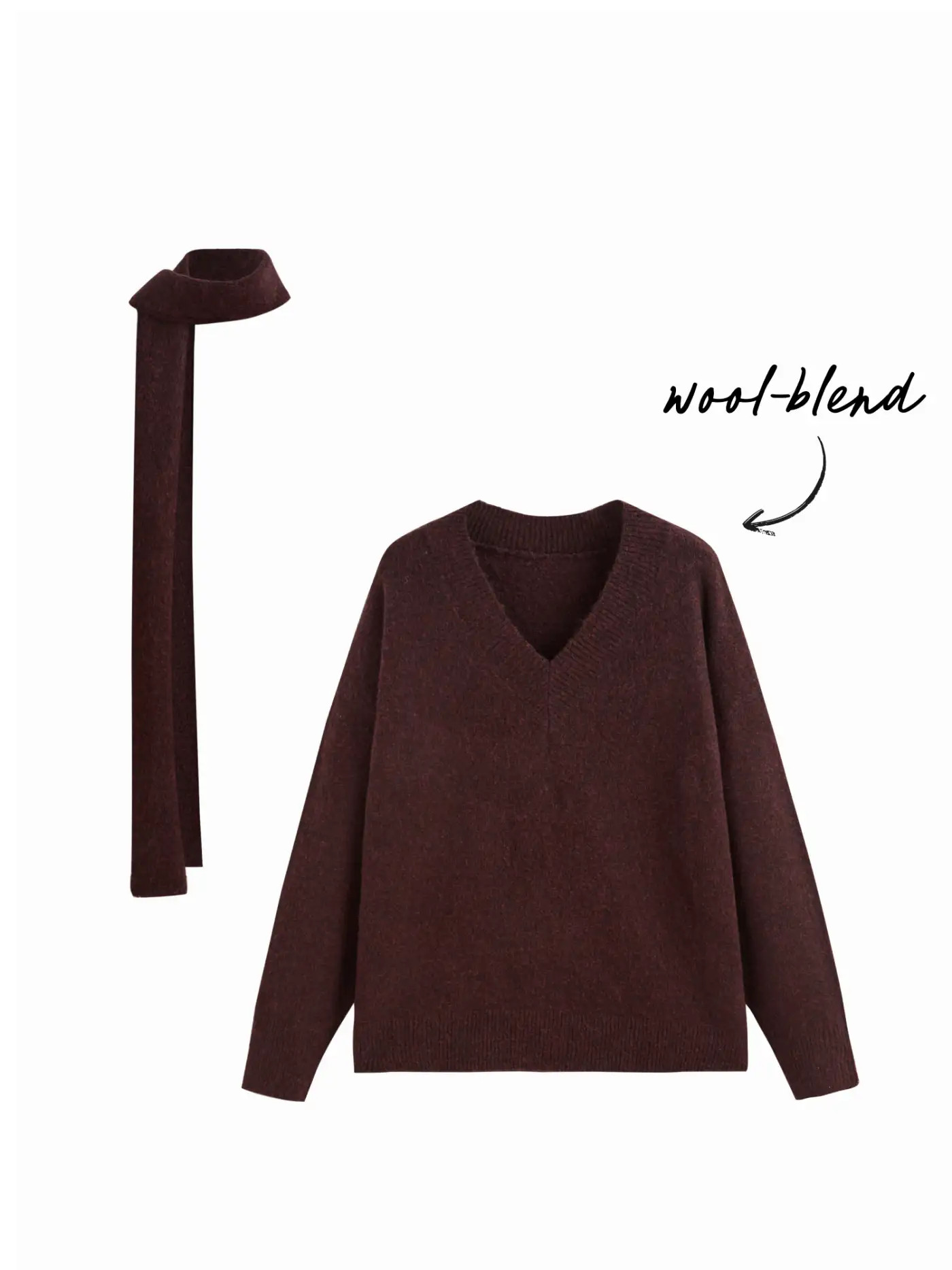Wool Knit Wool-blend V-neck Long Sleeve Oversized Top With Scarf For Daily Casual | Cider