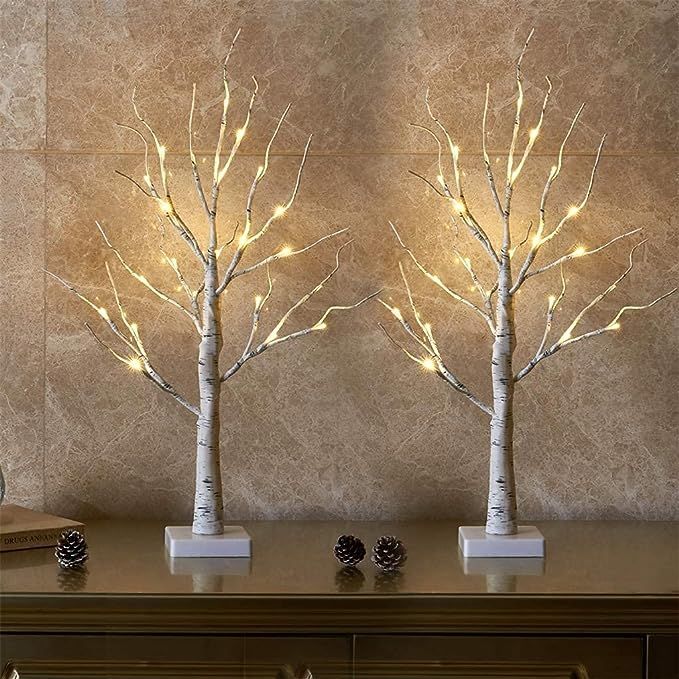 Amazon.com: Set of 2- EAMBRITE 2FT 24LT Warm White LED Birch Tree Light with Timer Tabletop Bonsa... | Amazon (US)