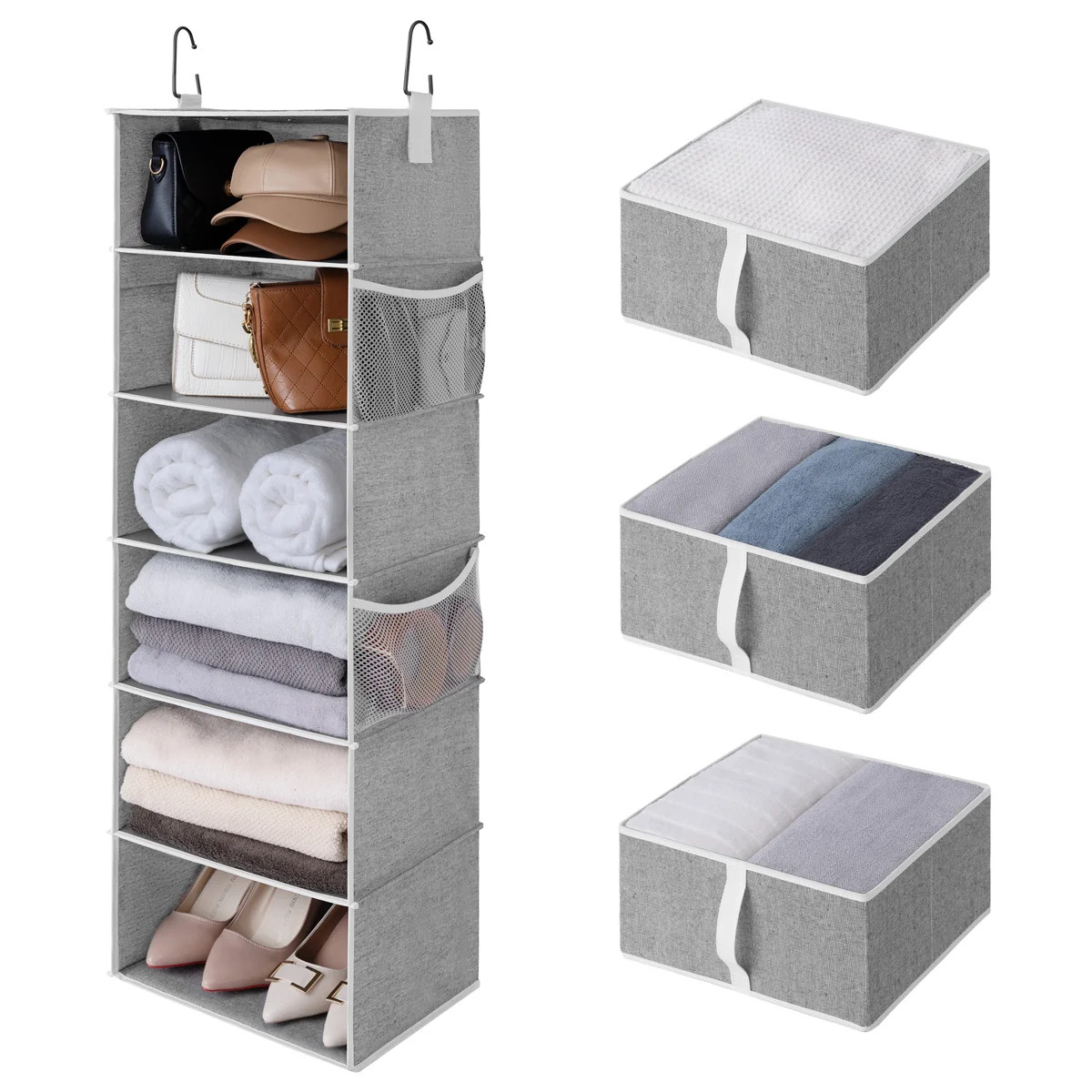 6-Shelf Fabric Hanging Closet Organizer with Removable Drawers, Foldable Wardrobe Storage Shelf f... | Wayfair North America