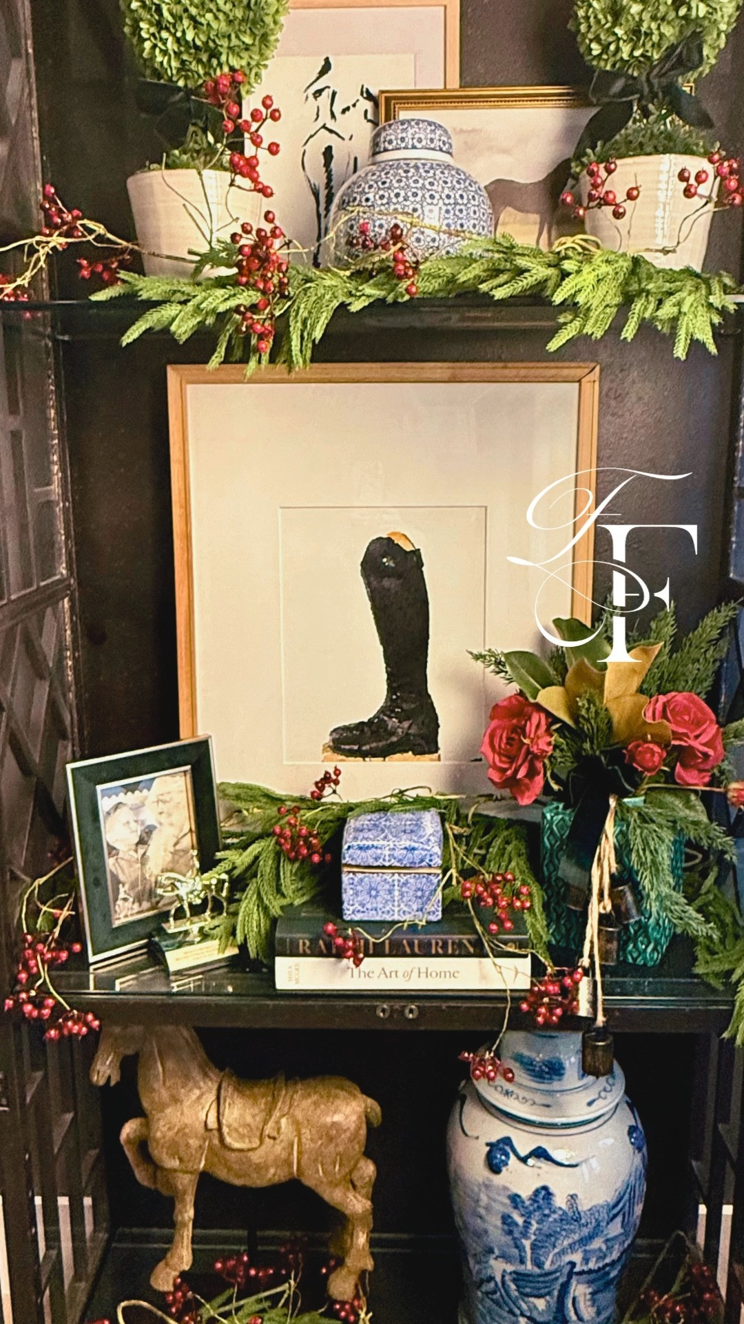  

 Ralph Lauren inspired bookcase, decorated for Christmas🎄🎄 Equestrian accents and faux flower garland and roses finish the look. 

#LTKHoliday #LTKGiftGuide #LTKHome