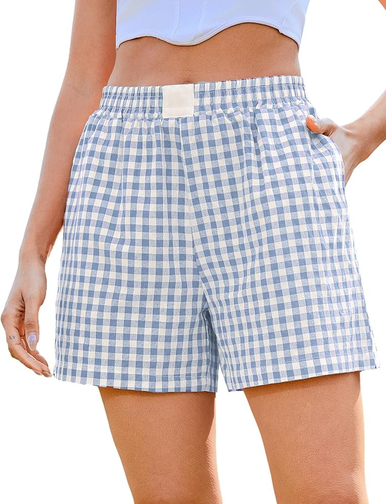 Marvmys Womens Boxer Shorts Casual Shorts Plaid Pajama Shorts Trendy Summer Elastic Waist Lounge ... | Amazon (US)