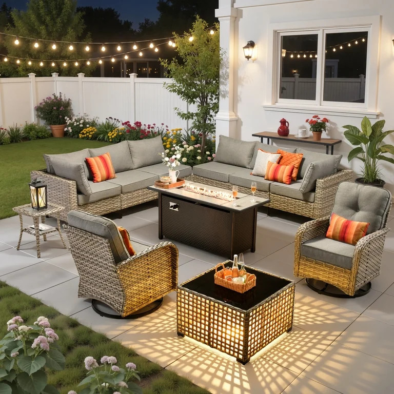 Ovios 11 Pieces Patio Furniture Set All-Weather Wicker Outdoor Sectional with 54" Fire Pit, Swive... | Walmart (US)