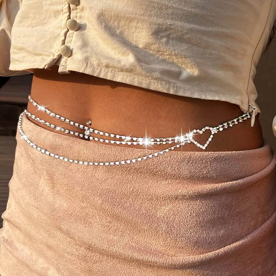 Flosy Layered Rhinestones Heart Waist Chain Crystal Body Chain Belly Chains Belt Summer Beach Costum | Amazon (US)