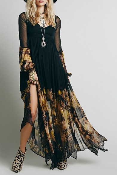 Boho Style Sheer Sleeve V Neck Floral Printed Split Front Hollow Out Back Chiffon Maxi Black Dress | Beautifulhalo.com