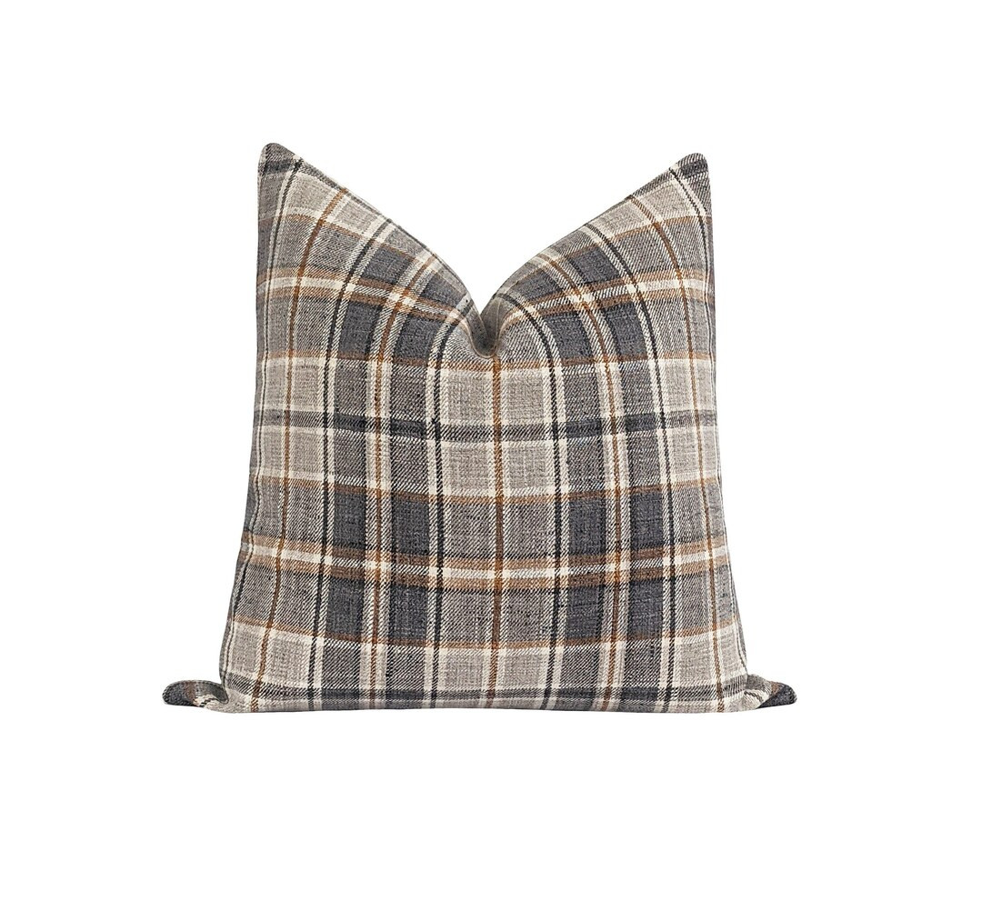 Woven Plaid Pillow Cover, Grey Charcoal Cognac Pillow Cover, Double Sided Throw Pillow Cover, Fal... | Etsy (US)