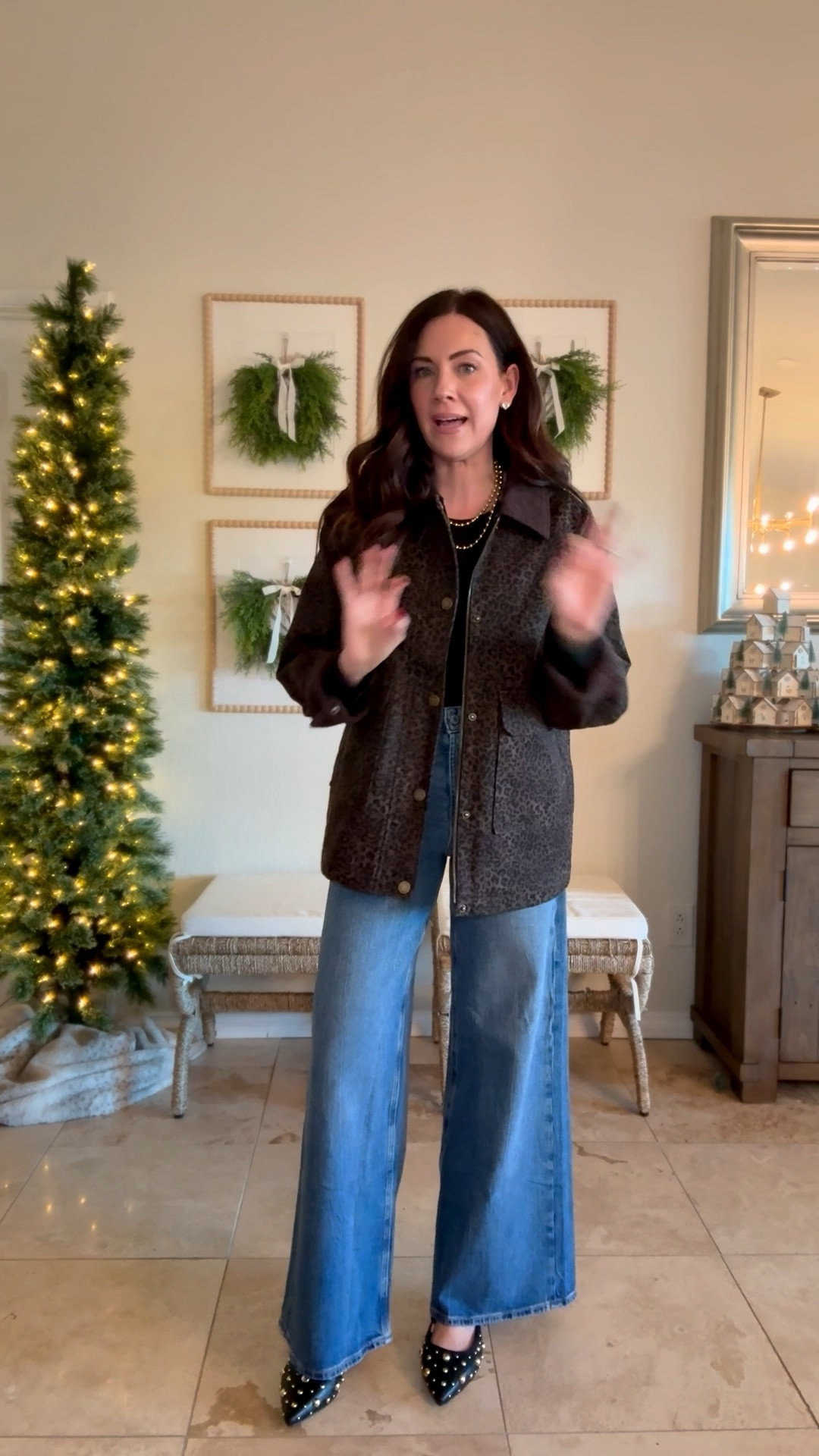 Small jacket
Medium fitted tee
Size 2 regular jeans, go down
Styling the most flattering wide leg jeans! 

#LTKGiftGuide #LTKSaleAlert #LTKFindsUnder50