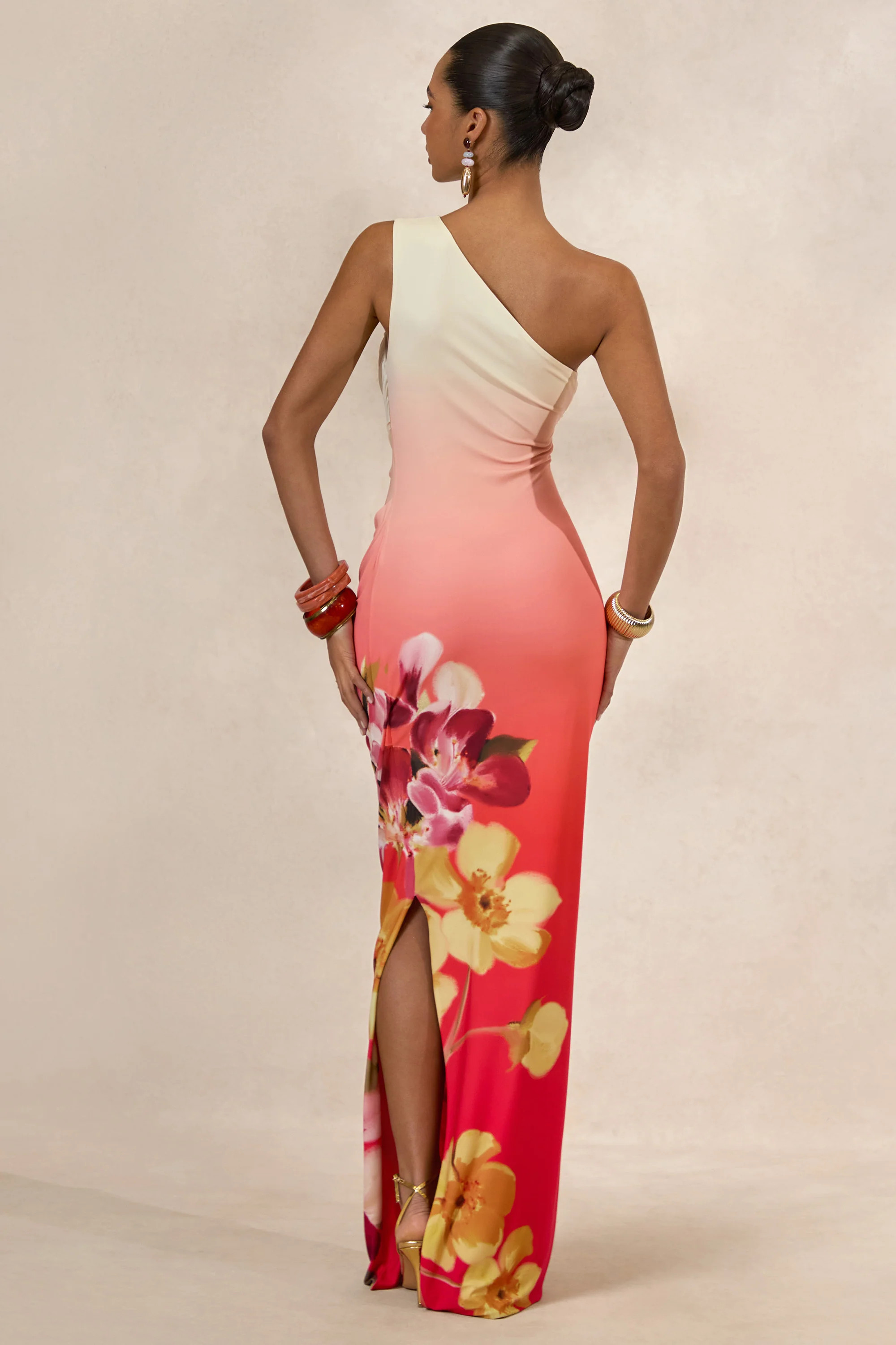 Hazel | Orange And Pink Floral Print Asymmetric-Neck Maxi Dress | Club L London