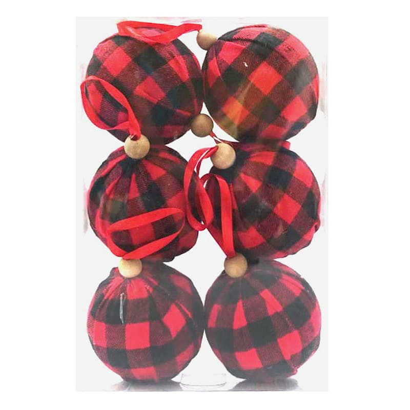 6-Count Red Buffalo Plaid Shatterproof Ornaments, 3.1" | At Home