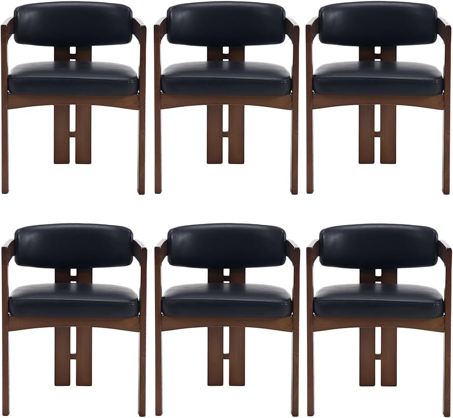 Farmhouse Dining Chairs Set of 6 Upholstered Kitchen Chair Wooden Barrel Side Chair, Faux Leather... | Amazon (US)