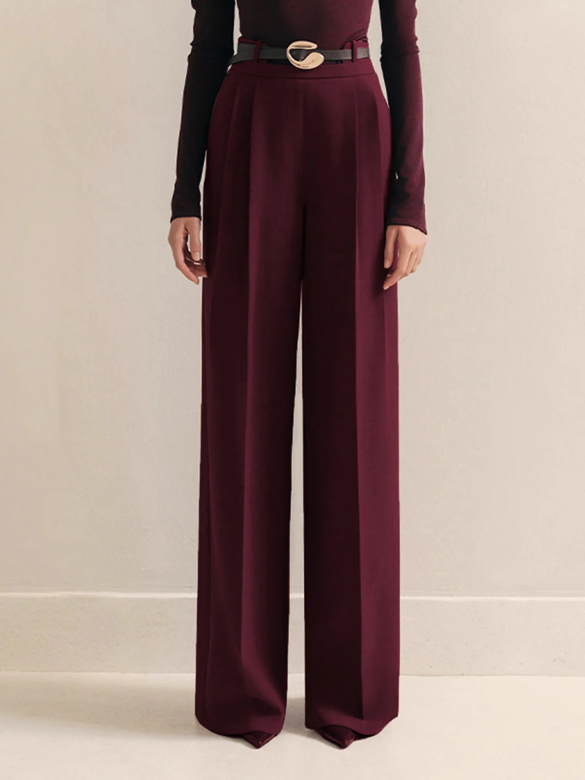 Metal-Belt Pleated High-Waist Pants | Commense