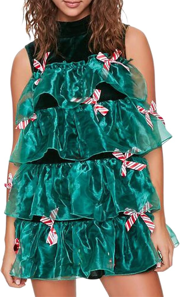 Felcia Women's Christmas Tree Outfit Elegant Sleeveless Patchwork Tulle Layered Mini Dress Xmas F... | Amazon (UK)