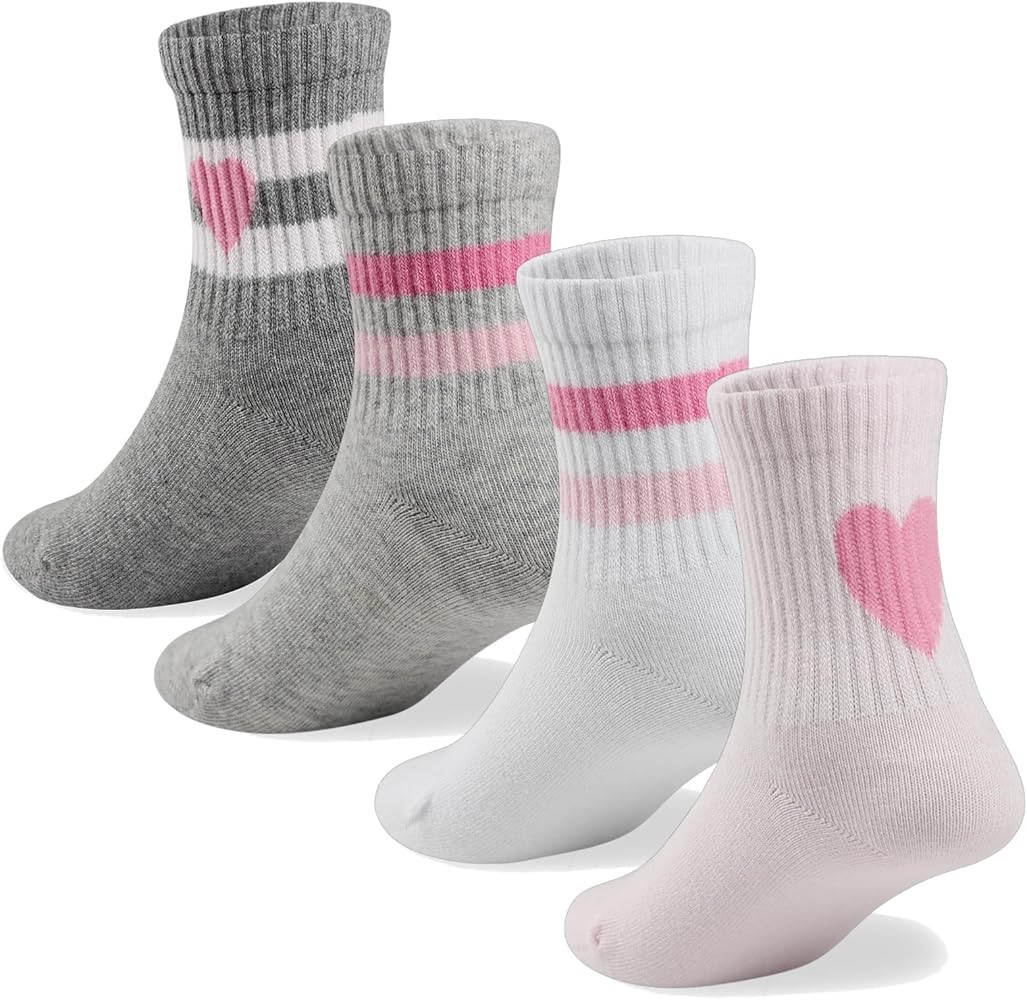 COTTON DAY Kids Girls Pink White Crew Athletic Socks with Retro Stripes Hearts | Amazon (US)