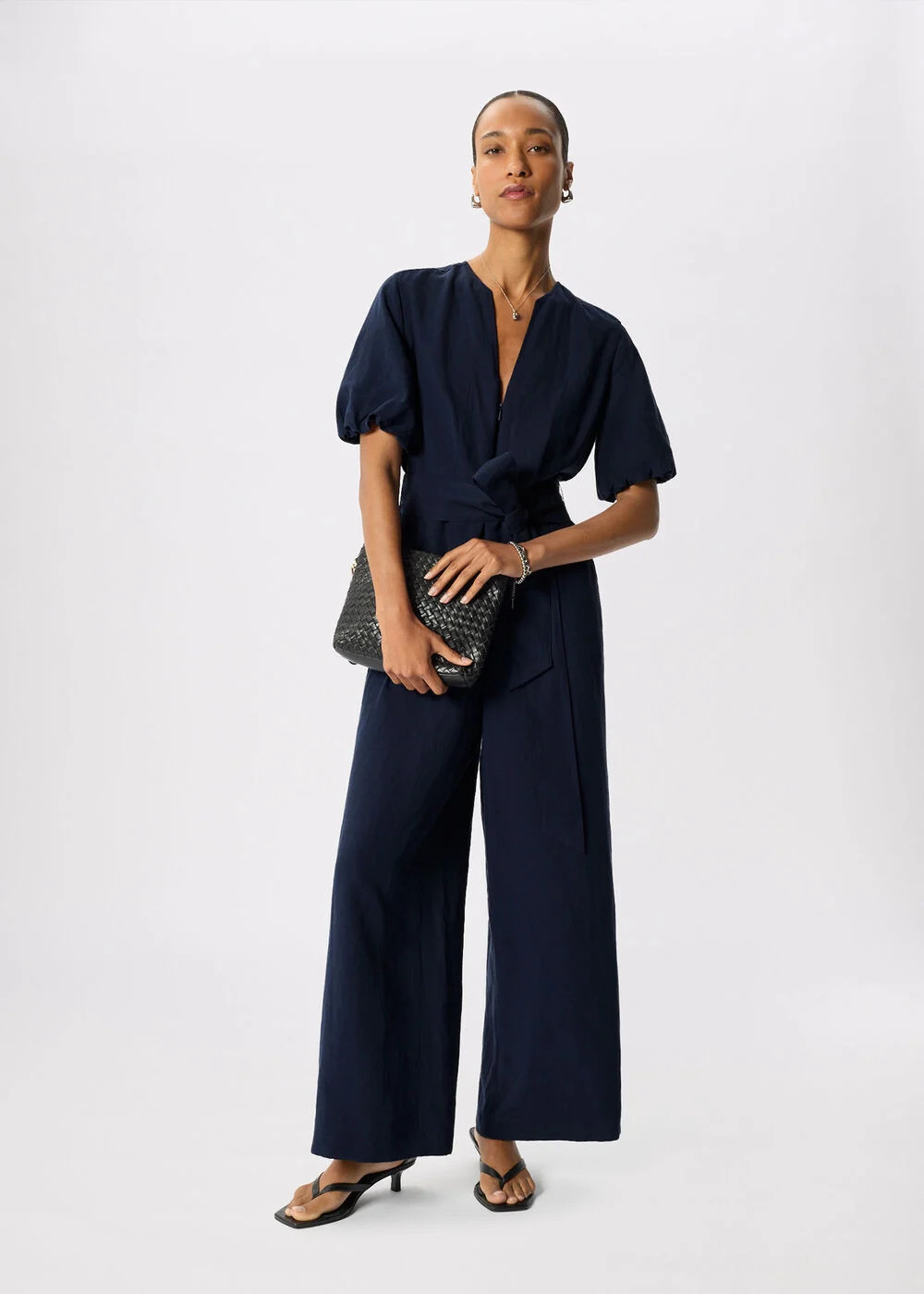 Navy Linen Blend Tie Waist Jumpsuit | WHISTLES | Whistles UK | | Whistles