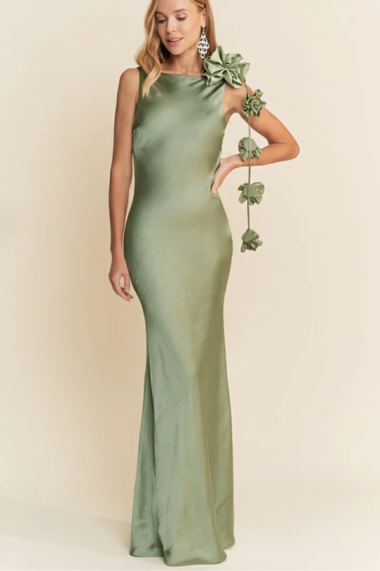 Lana Cowl Back Gown with 3D Floral Trim - Sage Green | Confête