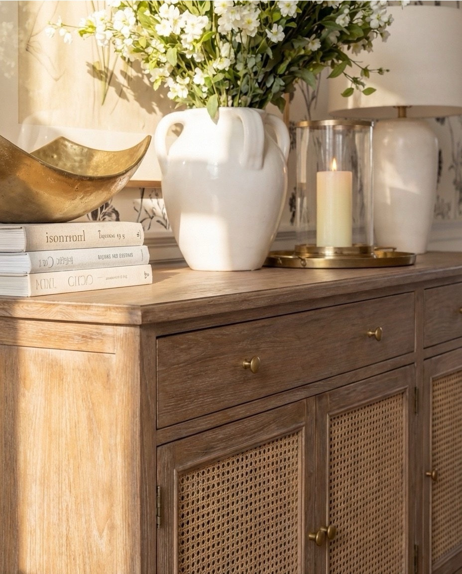 Shop the Look:
• Round natural wood pedestal dining table
• Cream textured upholstered dining chairs
• Black & cream floral wallpaper
• Light oak cane-front sideboard
• White sculptural ceramic vases
• Brass decorative bowl
• Neutral framed botanical artwork
• Brass candle tray with glass hurricanes
• Vintage-style distressed area rug
• White floral arrangement in large ceramic pitcher

#LTKSaleAlert #LTKHome