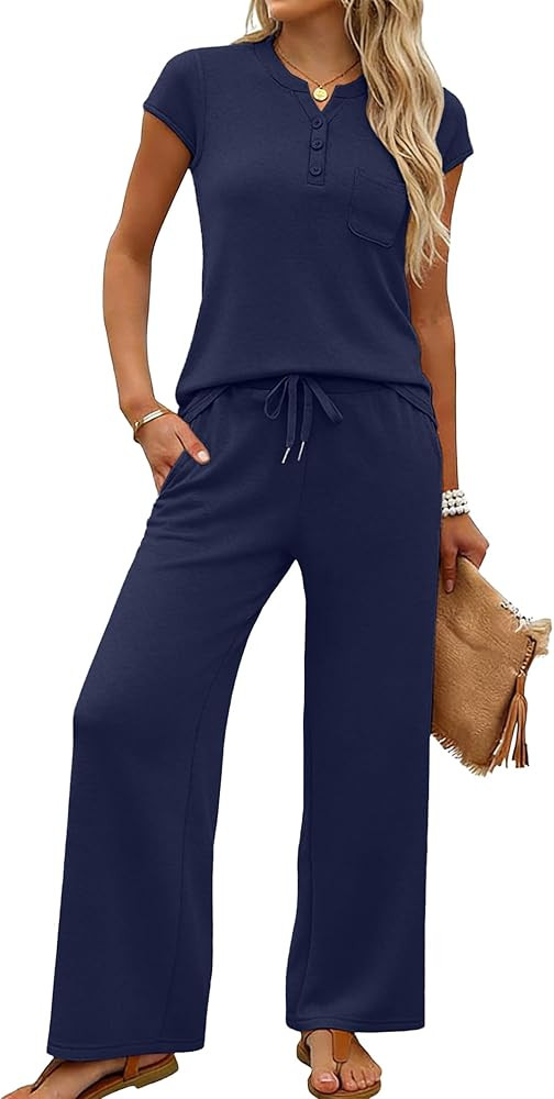 Casly Lamiit Women's 2 Piece Sets 2026 Casual Travel Outfits Airport Cap Sleeve V Neck Top Crop P... | Amazon (US)
