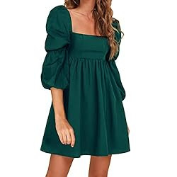Amazon.com: EXLURA Womens Square Neck Dress Long Puff Sleeve A-Line Casual Short Mini Dress Black... | Amazon (US)