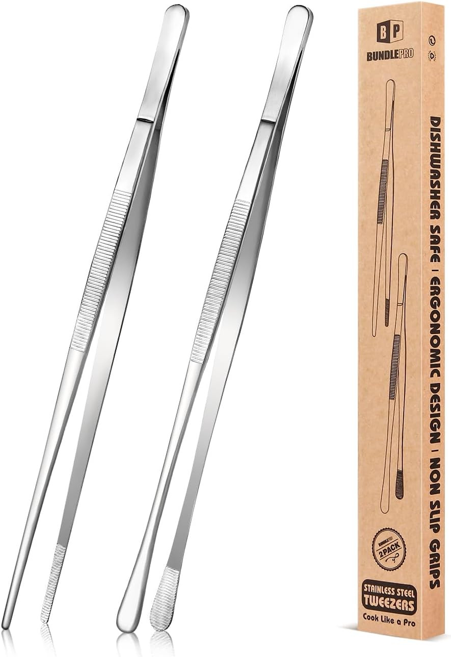 BUNDLEPRO Kitchen Tweezers Tongs with Precision Serrated Tips, 2 Pcs, 10'' | Amazon (US)