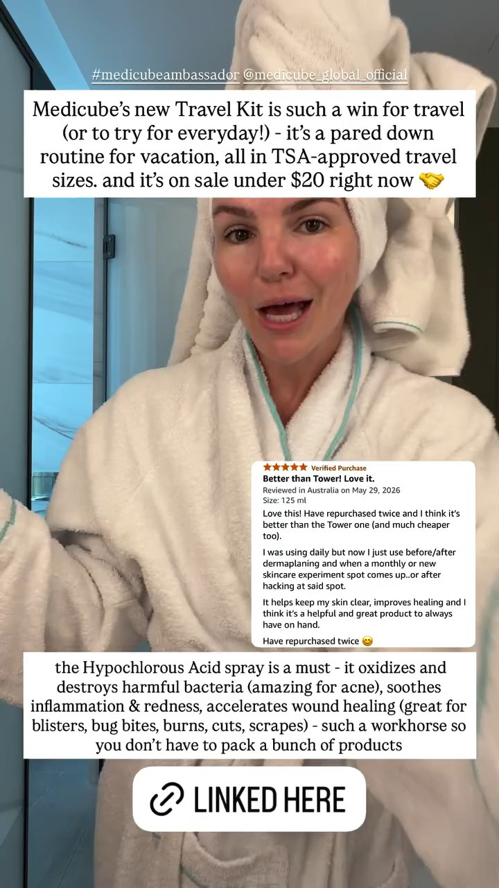 Medicube's new Travel Kit is such a win for travel (or to try for everyday!) - it's a pared down routine for vacation, all in TSA-approved travel sizes. and it's on sale under $20 right now

the Hypochlorous Acid spray is a must - it oxidizes and destroys harmful bacteria (amazing for acne), soothes inflammation & redness, accelerates wound healing (great for blisters, bug bites, burns, cuts, scrapes) - such a workhorse so you don't have to pack a bunch of products

#LTKmorningroutine #LTKTravel #LTKBeauty
