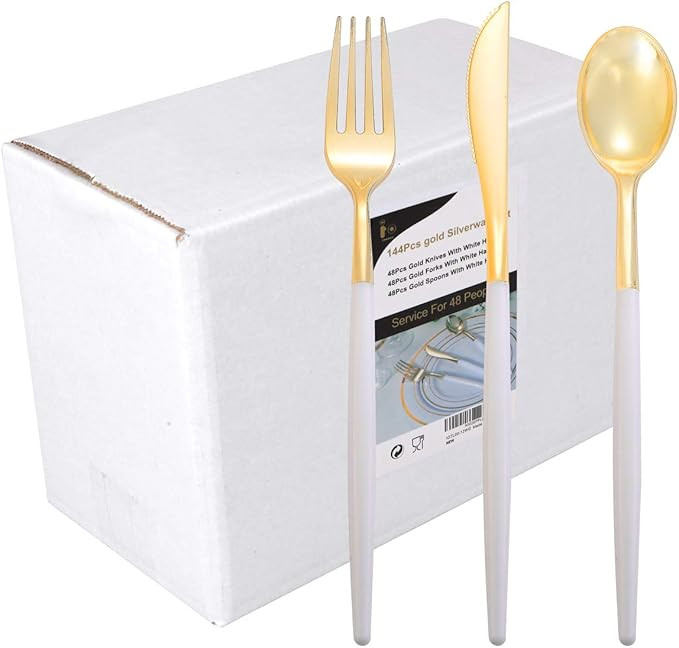 144Pcs Gold Plastic Silverware, Gold Plastic Utensils Set,Disposable Utensils Heavy Duty,Disposab... | Amazon (US)