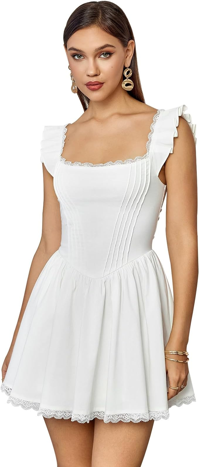 GLNEGE Women's Graduation Summer Mini Corset Dress Square Neck Short Ruffle Sleeve A Line Cute Tr... | Amazon (US)