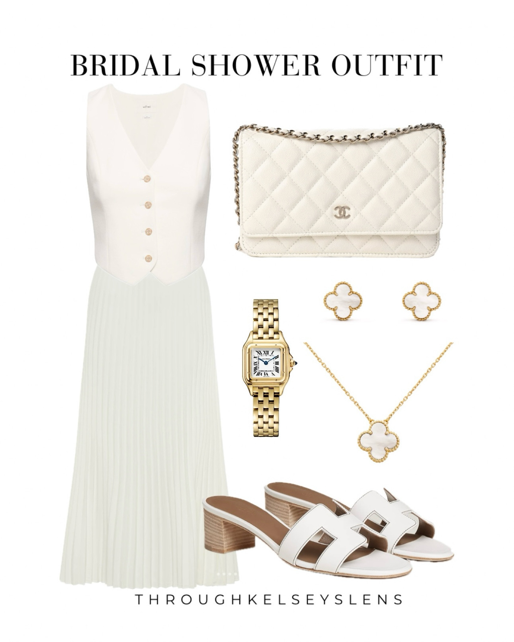 Bridal Shower / Wedding Outfit
- Aritzia Deniro vest in light birch
- Meshki Twyla skirt in ivory
- Chanel white caviar wallet on chain WOC
- Cartier gold panthère watch
- Van Cleef Vintage Alhambra necklace in mother of pearl
- Van Cleef Vintage Alhambra earrings in mother of pearl
- Hermès Oasis sandals in white
#wedding #bridal #white #chanel #hermes #aritzia #vancleef #cartier #meshki

#LTKstyletip #LTKSeasonal #LTKwedding