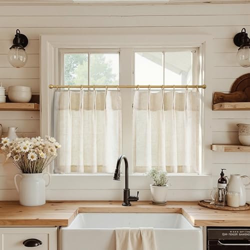 jinchan Linen Pinch Pleated Kitchen Curtains 30 Inch 2 Panels, Natural Linen Tier Curtains Back T... | Amazon (US)