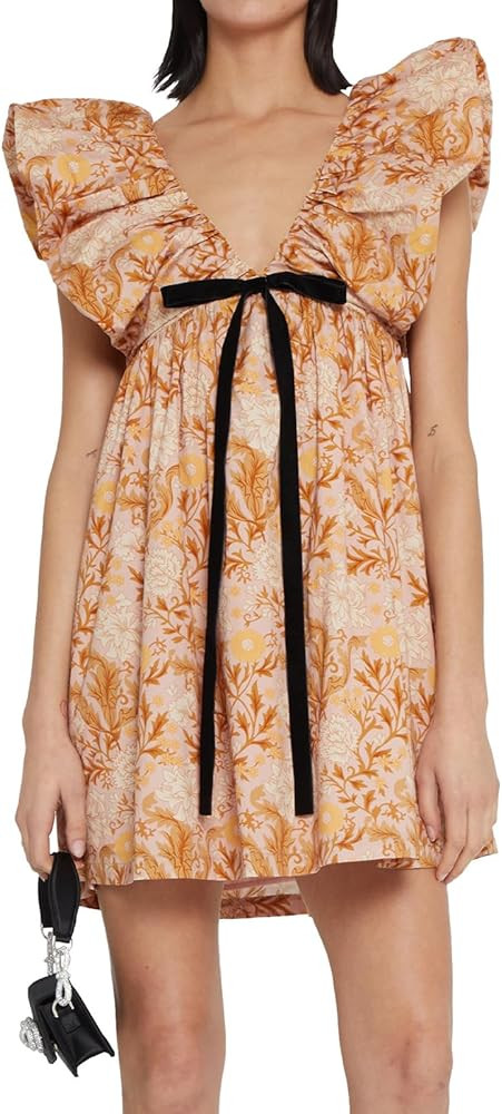 hibshaby Women's Floral Print Mini Dress V Neck Puff Sleeve Dress Short Babydoll Bow Dress | Amazon (US)