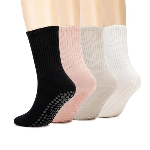 Toauqo Pilates Yoga Socks with Grips for Womens - Ballet Barre Crew Sock - Anti Skid Workout Athletic Socks 4 Pack (US, Alpha, One Size, Regular, Regular, Mix01 Black/white/pink/grey) | Amazon (US)