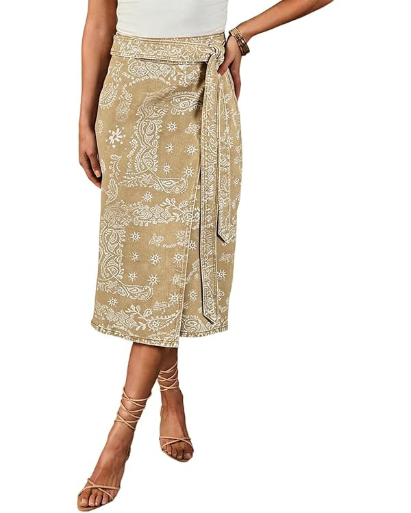 Women Western Wrap Denim Skirt Floral Print High Waist Tie Side Slit Midi Jean Pencil Skirts | Amazon (US)