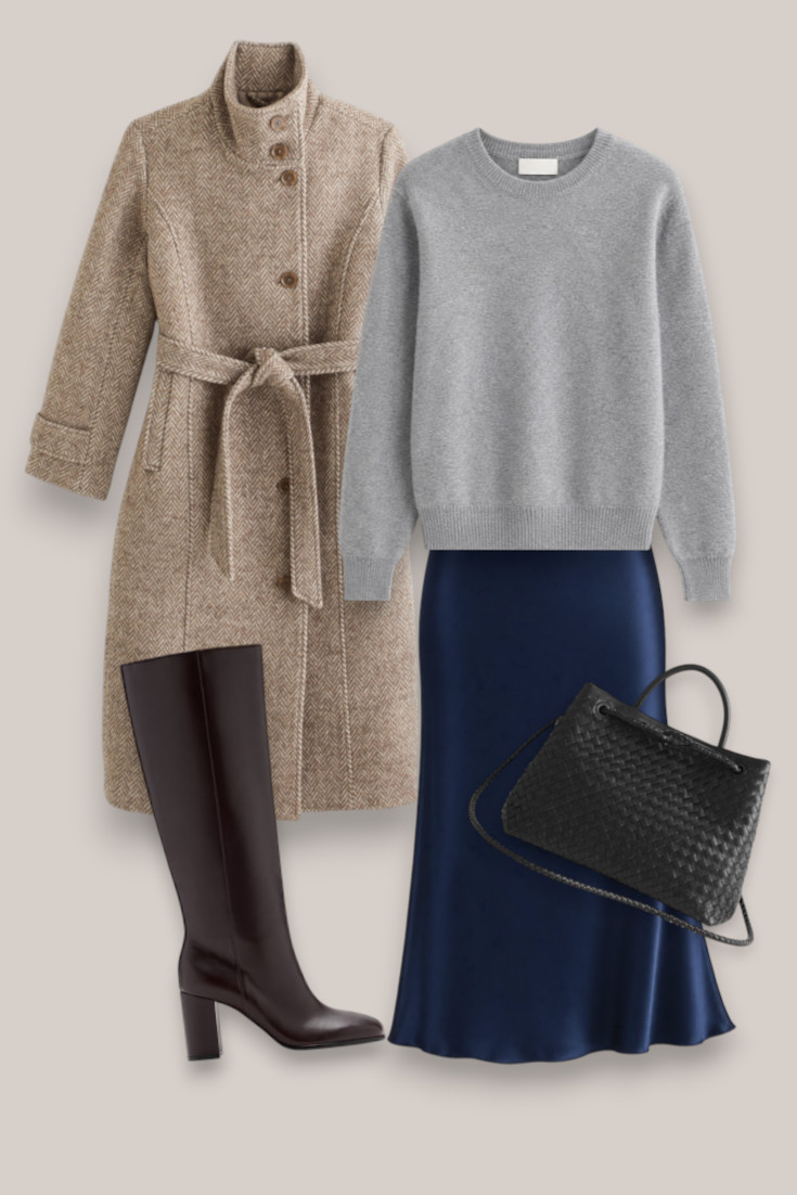 A polished way to wear a satin skirt through winter. Navy satin with a soft grey knit, long neutral coat and chocolate knee-high boots is such a good cold-weather colour combination. Shop all the pieces below. 

 #LTKdatenight #LTKworkwear #LTKstyletip