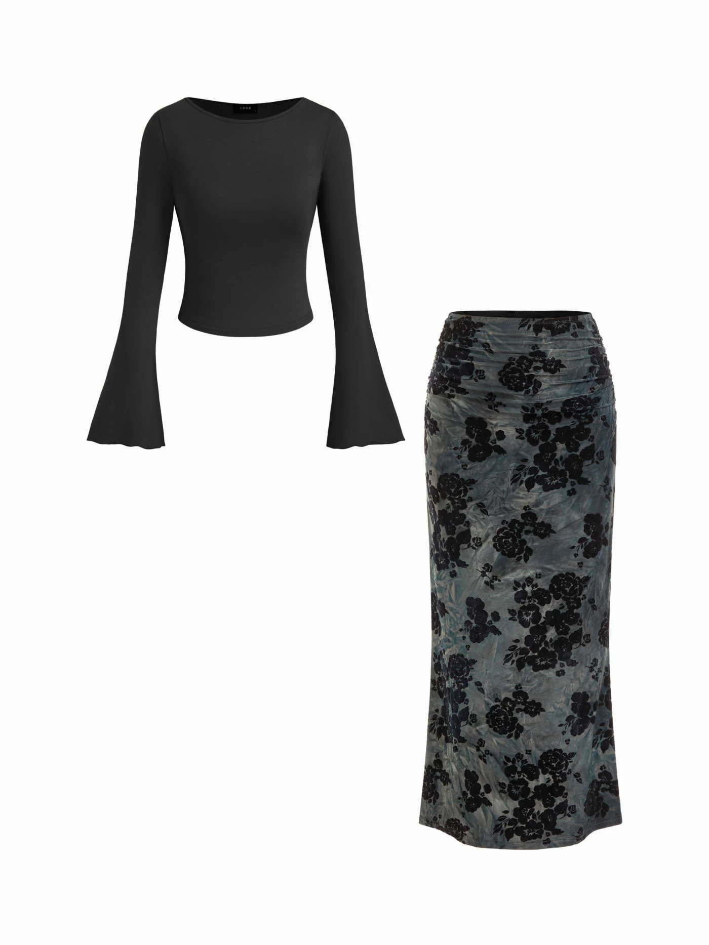 Boat Neck Long Sleeve Top & Mid Rise Floral Ruched Maxi Skirt Set | Cider