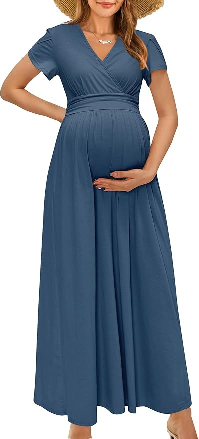 OUGES Maternity Maxi Dress Wrap V Neck Baby Shower Pregnancy Dresses for Photoshoot | Amazon (US)