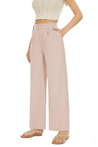 FUNYYZO Women Wide Leg High Waist Linen Pants Back Elastic Waist Work Casual Trousers Pink | Amazon (US)