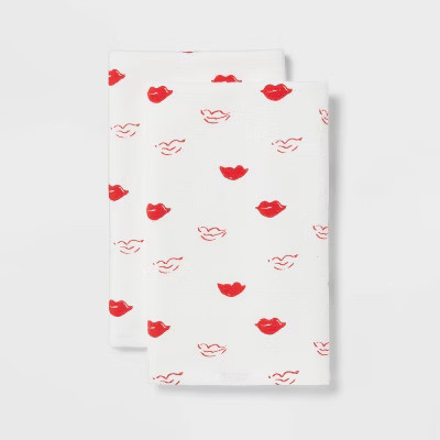 2pk Valentines Day All Over Red Lips Bath Hand Towel Set White - Threshold™ | Target