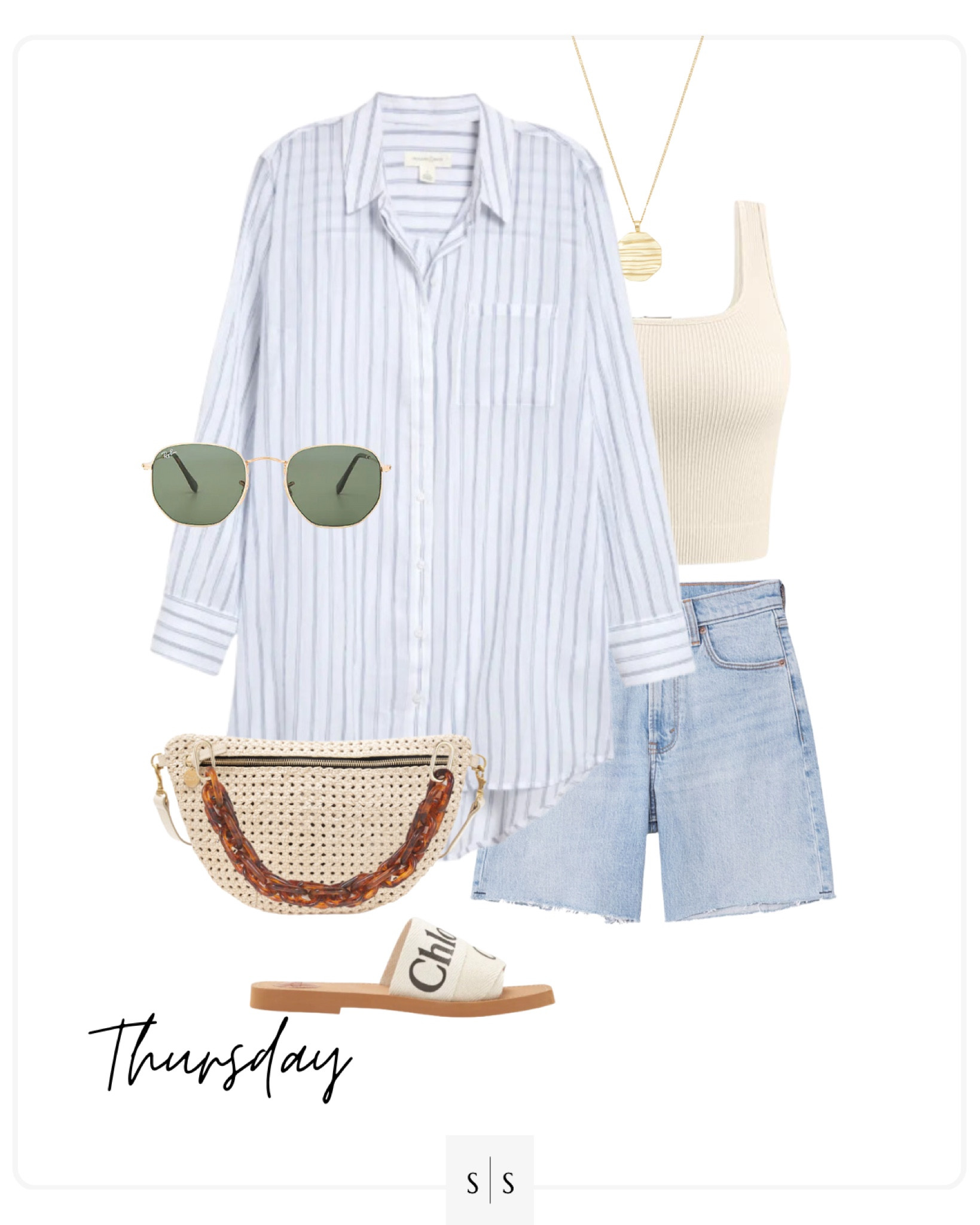 Style Guide of the Week | denim shirt, linen button up, ribbed tank, Grande Fanny belt bag, aviator sunglasses, Chloe sandal. 

Foundational timeless style, outfit ideas, Spring outfits, Summer outfits, closet basics, casual style, chic style, everyday outfit. See all details on thesarahstories.com ✨

#LTKstyletip #LTKFind