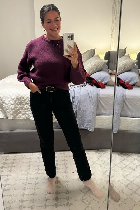 Cozy date night outfit with a pop of color! This is a cropped madewell sweater (size medium) front tucked into washed black Abercrombie 90s straight jeans (size 30) and cinched with a belt from ASOS  

#LTKfindsunder100 #LTKmidsize