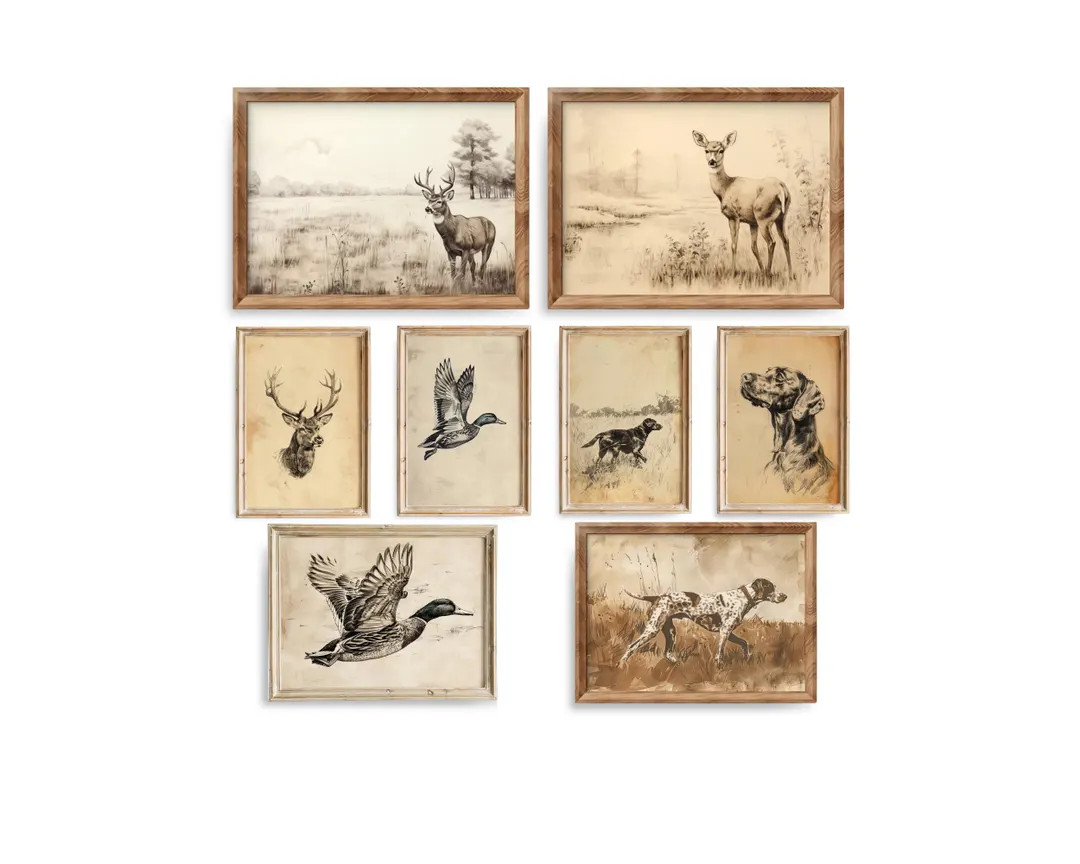 Boys Room Wall Art Bundle, Hunting Decor, Cabin Artwork, Rustic Vintage Animal Sketch, Deer Duck ... | Etsy (US)