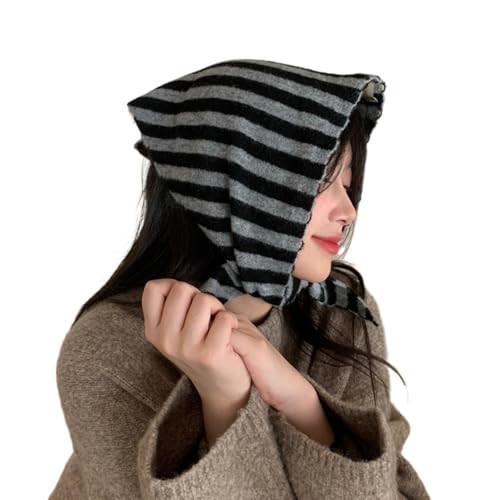 TYATVS Knitted Triangle Scarf for Women Y2k Stripe Head Scarf Aesthetic Accessories Cottagecore Streetwear Triangle Shawl (Grey) | Amazon (US)