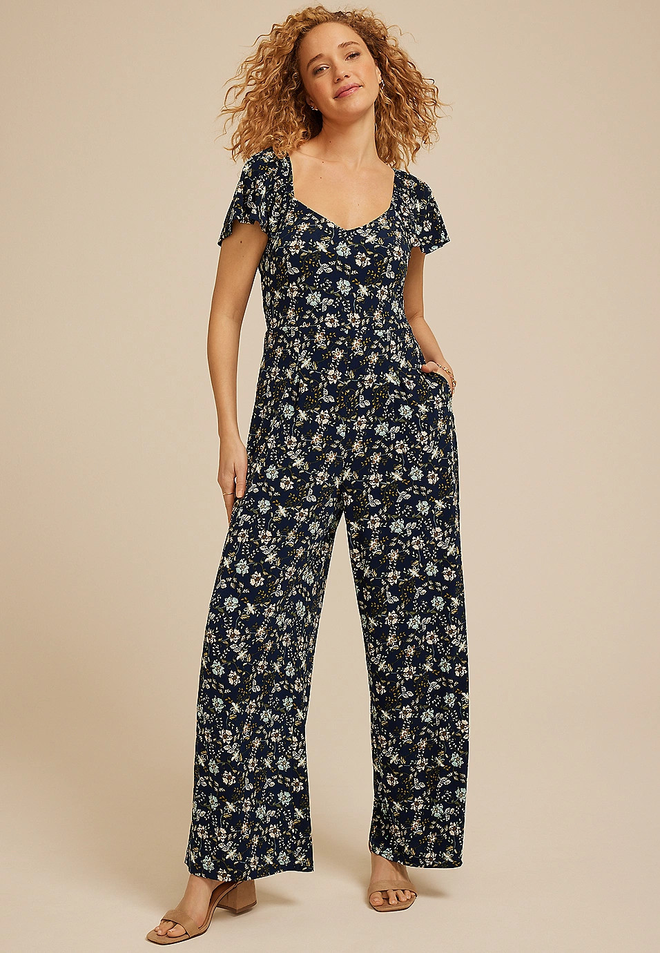 24/7 Floral Cap Sleeve Jumpsuit | Maurices