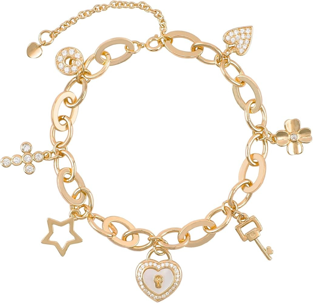 Cute Gold Charm Link Bracelet for Women Sunflower Butterfly Daisy Flower Pearl Insect Flower Clov... | Amazon (US)