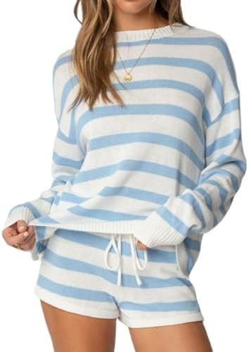NUFIWI Women Striped Knit Sweater Set 2 Piece Outfit Oversized Long Sleeve Sweater and Shorts Mat... | Amazon (US)