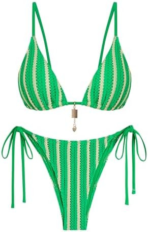 ZAFUL Crochet Bikini Sets for Women Cheeky Boho Bathing Suits Striped Brazilian High Cut Thong Bi... | Amazon (US)