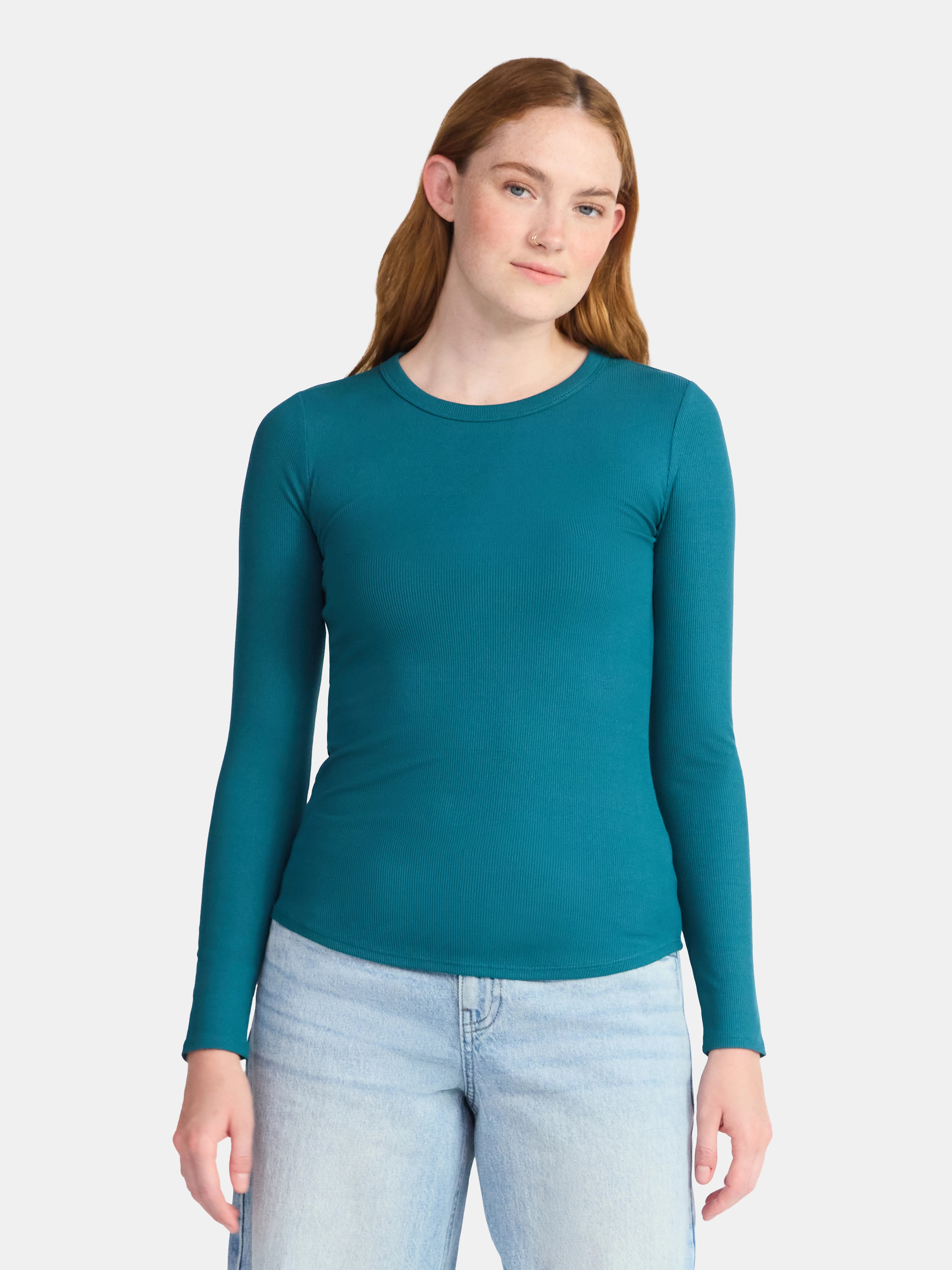 No Boundaries Crew Ribbed Tee with Long Sleeves, Women's - Walmart.com | Walmart (US)