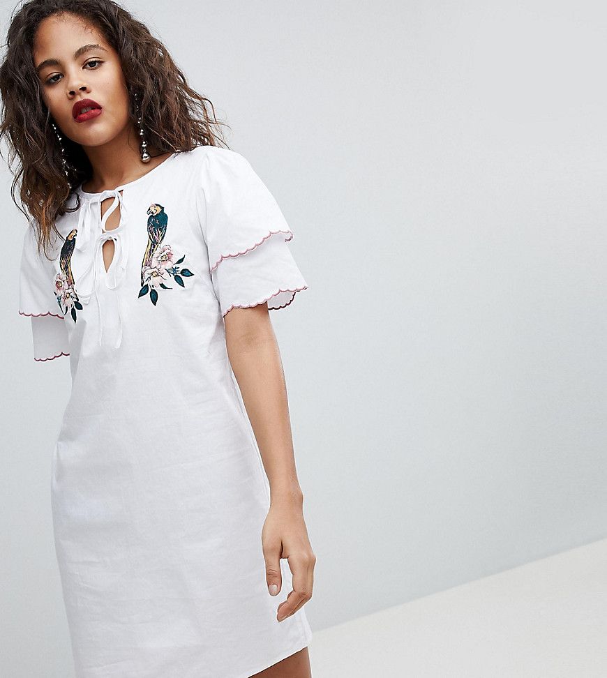 Fashion Union Tall Shift Dress With Ruffle Sleeves And Parrot Embroidery - White | ASOS US